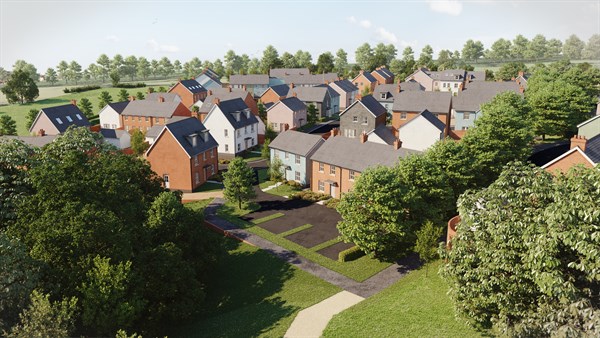 Computer generated image depicts The Harwarden, The Camrose, housetypes at the Grove development, indicative only.